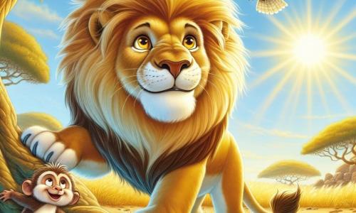 Um majestoso leão chamado Simba, com uma juba dourada brilhando ao sol, expressa uma determinação corajosa em seu rosto. Seus olhos brilham de esperança enquanto ele está à beira de um lago de cristal, suas patas poderosas firmes no chão, pronto para mergulhar no desconhecido. Ao seu lado, um pequeno macaco travesso chamado Tiko, com pelagem marrom e olhos brilhantes, sobe em um galho de árvore, observando Simba com entusiasmo e impaciência. Perto dali, uma sábia coruja chamada Zara, com penas brancas e olhos sábios, empoleira-se em uma pedra, observando a cena com uma expressão calma e refletiva. O local é uma paisagem ensolarada de savana, com gramíneas douradas balançando ao vento, árvores majestosas ao fundo, e o lago de cristal brilhando como um espelho sob o céu azul. A cena principal mostra Simba, Tiko e Zara se preparando para partir juntos em uma aventura, determinados a encontrar o Coração da Savana para salvar seu reino.