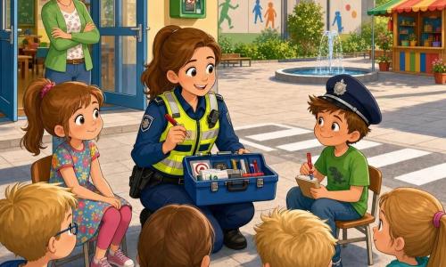 Eine junge lächelnde Polizistin mit gelber Warnweste über blauem Uniformhemd und braunem Pferdeschwanz kniet, um auf Augenhöhe mit Kindern zu sein, hält einen großen blauen Werkstattkoffer und einen sichtbaren roten Filzstift; ein Mädchen, Mira (ca. 8 Jahre) mit braunem Pferdeschwanz und buntem Kleid steht links und blickt neugierig lächelnd, ein Junge, Ben (ca. 8 Jahre) mit kurzem Haar und Sommersprossen und grünem T‑Shirt sitzt auf einem kleinen Stuhl und tut so, als schreibe er auf einen Block; eine Lehrerin, Frau Neumann (ca. 30–40 Jahre, kurze blonde Haare), lächelt im Hintergrund bei der Klassenzimmertür; Schauplatz ist der Schulhof vor einer Klasse mit hellem Plattenboden, einem Zebrastreifen, einem Springbrunnen im Hintergrund, einem bunten Kiosk und einem grünen AED‑Schild an der Sporthallenwand; Hauptszene: ein Sicherheitsworkshop mit einem Kreis aufmerksamer Kinder um die Polizistin, warme entspannte Gesichtsausdrücke, kräftige Kontrastfarben, weiches Spätvormittagslicht, kindgerechter einfacher Stil mit runden Formen und ausdrucksstarken Silhouetten.