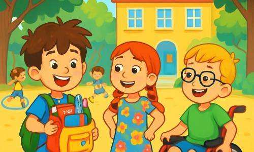 Er zijn 3 personages: Tom: een 8-jarig jongen met rommelig bruin haar, in een felle blauwe T-shirt en een beige short. Hij glimlacht vrolijk terwijl hij een kleurrijke rugzak vol schoolspullen vasthoudt. Sam: een 8-jarig jongen met blond haar en een bril, zittend in zijn mooie rode rolstoel. Hij draagt een groene T-shirt en een blauwe short, en hij lacht terwijl hij zijn vaardigheden laat zien door snel te rijden. Lotte: een 8-jarig meisje met lange rode vlechten, gekleed in een kleurrijke bloemenjurk. Ze staat naast Tom met haar handen op haar heupen, met een grote glimlach en kijkt nieuwsgierig om zich heen. De locatie is een zonnige schoolyard, omringd door grote bomen met heldergroene bladeren. Kinderen spelen en lachen om hen heen, terwijl kleurrijke spellen zoals hoepels en ballonnen op de grond liggen. Op de achtergrond is het schoolgebouw te zien met heldere ramen en een grote uitnodigende ingang. De hoofdsetting toont Tom, Sam en Lotte die samen plezier hebben op hun eerste schooldag. Ze lachen en dagen elkaar uit in een race, met stralende glimlachen op hun gezichten, wat de opwinding en vreugde van de terugkeer naar school illustreert.