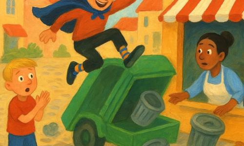 Een ondeugende glimlachende man, Sander, met warrig bruin haar, ronde bril en een blauwe, sobere cape, springt op het dak van een grote vuilniswagen terwijl hij opvallende blauw-gele gestreepte sokken draagt; een jongen van ongeveer 9 jaar met kort blond haar en verbaasde ogen staat op het plein bij de fontein en klapt; een vrouwelijke bakker van circa 45 jaar met haar in een knot en een bloemig bebloemd wit schort hurkt voor haar etalage en reikt naar croissants, bezorgd maar gerustgesteld; de scène speelt zich af op een klein, met kinderkopjes bestrát plein met een klaterende fontein, omgevallen bloempotten, houten bankjes en pastelkleurige gevels bij zachte ochtendlicht- en warme schaduwwerking; hoofdmoment: Sander springt vrolijk op de wagen om een vastzittende container los te krijgen, vuilnisbakken rollen zachtjes richting bakkerij, dynamische gebaren en komische mimiek, felle kleuren en zichtbare penseelstreken in een kinderlijke gouachestijl.