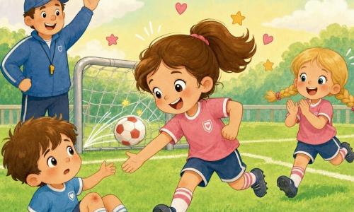 Sofia e o fetiță veselia, chip rotund, păr șaten în coadă de cal, ochi sclipitori și zâmbet larg; aleargă și lovește o minge mică alb-roșie care intră în plasă; Ana, prietena ei (≈7 ani), cu părul blond în codițe, aplaudă și aleargă spre Sofia în dreapta; antrenorul, bărbat adult (≈35 ani) cu șapcă albastră, zâmbește și ridică mâna lângă poartă; un băiat căzut (≈6 ani) stă pe iarbă în stânga; Sofia îl privește cu bunăvoință și îi întinde mâna să-l ajute; teren cu gazon verde viu și marcaje albe, poartă metalică mică cu plasă, cer matinal cu nori pufoși; mingea trece prin plasă, inimioare și stele stilizate sugerează bucuria, prietenii aplaudă, ajutorul e vizibil; stil grafic pastel, contururi moi, linii simple și expresive, texturi ușoare de acuarelă, compoziție centrată pe Sofia.