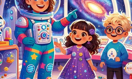 Al centro dell'immagine, Stella, una donna pilota sorridente di circa trent'anni, indossa una tuta spaziale brillante e colorata, con dettagli argentati che scintillano sotto la luce delle stelle. I suoi capelli castani fluttuano leggermente in assenza di gravità, e i suoi occhi brillano di eccitazione mentre mostra ai bambini le meraviglie dell'universo attraverso la grande finestra della sua navetta spaziale. Accanto a lei, Leo, un ragazzo di 8 anni con capelli biondi arruffati, guarda con meraviglia le stelle che brillano come diamanti. Indossa una maglietta blu con un razzo disegnato e tiene un piccolo quaderno in cui disegna tutto ciò che vede. Mia, una bambina di 7 anni con capelli ricci e un vestito viola, indica una bellissima nebulosa colorata che illumina il cielo. È seduta sul pavimento della navetta, circondata da giocattoli spaziali, e il suo viso è illuminato dalla luce delle stelle. Nino, un ragazzo di 9 anni con occhiali rotondi, è in piedi vicino a Stella, con gli occhi spalancati per la meraviglia. Indossa una camicia a righe e tiene un piccolo robot di plastica che ha portato con sé. La navetta spaziale, "Sogno Blu", si trova all'interno di una stazione spaziale educativa, con muri in vetro trasparente che offrono una vista mozzafiato nello spazio. Schermi interattivi e stelle scintillanti riempiono lo sfondo, creando un'atmosfera magica e futuristica. La scena principale mostra Stella e i bambini mentre esplorano l'universo, meravigliati dalla bellezza delle stelle e dei pianeti, mentre condividono risate e scoperte, pronti a vivere un'avventura indimenticabile.