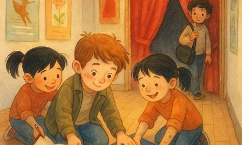 A 10-year-old boy with a round freckled face, short tousled brown hair, wearing jeans and a khaki jacket, crouches with an open notebook and a pencil behind his ear as he gently unrolls a night-blue poster; Lina, about 9, with black hair in a ponytail and a mischievous smile, hands muddy, stands to his left smoothing the poster with open palms; Theo, about 11, with dark curly hair and a relieved, sheepish expression, holds a black violin case near a theater door behind the red velvet curtain; the scene is a hallway of a cultural center lined with colorful posters and light parquet flooring, the rolled 