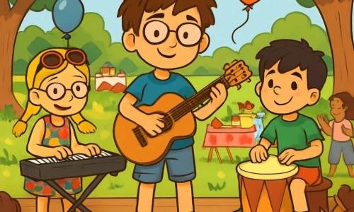 There are three characters: Leo, a 10-year-old boy with messy brown hair and round glasses, wearing a blue t-shirt with a guitar design and denim shorts, standing in the center holding a guitar; Emily, a 10-year-old girl with braided blonde hair and sunglasses on her head, wearing a colorful floral dress and sandals, smiling and playing the keyboard to the left of Leo; and Max, a 10-year-old boy with black hair and freckles, wearing a green t-shirt and red shorts, sitting on a drum ready to play to the right of Leo. The scene takes place in a sunny park filled with greenery, surrounded by majestic trees and a large lawn where families gather. Colorfully dressed tables are laden with cakes, drinks, and games, while balloons float in the air, adding a festive touch. The main situation shows the three friends on stage, surrounded by a joyful audience. Leo plays guitar, Emily focuses on her keyboard, and Max keeps the beat on his drum, as children and adults in the audience dance and applaud, creating a warm and community atmosphere.