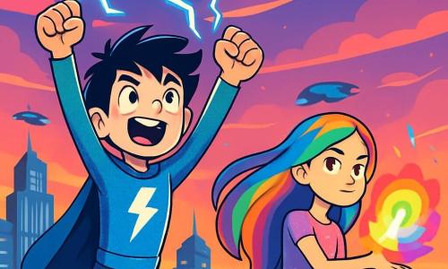 A young boy, Leo, stands on the roof of a futuristic building, his face lit up with excitement and determination. He has messy black hair, sparkling eyes, and wears a shimmering blue and silver suit with a stylized lightning bolt on the chest. He raises his arms to the sky, ready to unleash bolts of electricity. Next to him is a girl named Prism, around 14 years old, preparing to launch an explosion of colorful light. She has long, shiny hair dyed in all the colors of the rainbow and wears a light costume that sparkles like glitter. The setting is a rooftop overlooking the city of Neotropolis, with shimmering skyscrapers, flying cars, and a vibrant twilight sky filled with pink and blue clouds mixed with energy bursts. The main scene shows Leo getting ready to face a villain in an epic battle, with lightning flashing around him, creating an atmosphere of tension and excitement, symbolizing his role as a hero in a futuristic world.