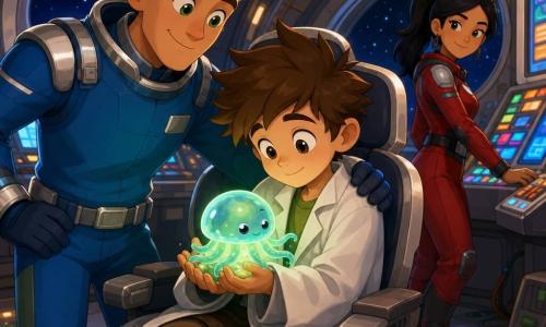 A smiling, reassuring man (Eli) with a round face, short brown hair and bright green eyes in a blue spacesuit with silver details places a protective hand on a boy's shoulder as he stands watching kindly; a boy (Luka, about 9) anxious-turned-proud with spiky brown hair in an oversized lab coat sits at a command seat near Eli, delicately holding a small translucent jellyfish-like creature in his palms; a calm, focused woman (Rosa), black hair in a ponytail wearing a red pilot suit, stands behind them by a glowing control panel with a slight smile; the creature has a globular body, short ribbon-like green and blue glowing tentacles, tiny blinking eyes and emits a soft soothing light; the scene is inside a metallic shuttle with curved walls, round portholes showing stars, cables and colorful touchscreens, pale green gel puddles and scattered tools on the floor, capturing a comforting post-rescue moment with warm focused lighting on their faces, a mood of safety and discovery, sharp contrasts, soft shadows, vivid colors and smooth cel-shaded textures.