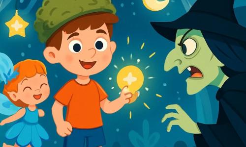 A young boy named Eliot, around 12 years old, stands in the center of an enchanted clearing, his face radiating courage and determination. He wears a hat made of soft moss and rainbow-threaded boots, holding a magical pearl that shines brightly in his hand. Beside him is a small fairy named Lila, about 8 years old, with a dress of blue petals and sparkling wings, joyfully flying around him, her face lit by a warm smile. In the background, the silver forest is filled with majestic trees with shiny leaves, illuminated by floating lanterns shaped like moons and stars. The main scene shows Eliot and Lila united against the wicked witch Morgra, whose face is marked by anger as she approaches with a threatening look, her black cloak billowing in the wind.