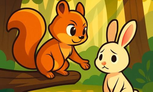 A young squirrel named Saffron, with golden-brown fur and a bushy tail, stands on a tree branch, her face showing determination and kindness. She attentively watches a young rabbit named Benny, with large white ears and gentle eyes, who stands a bit back, displaying an expression of sadness and hesitation. Their paws hover above a forest floor covered in green and golden leaves, while rays of sunlight filter through the branches, creating a warm and inviting atmosphere. The scene takes place in Whispering Wood, where majestic trees surround the two friends. Saffron extends a paw towards Benny, inviting him to come closer, symbolizing support and friendship in a moment of vulnerability.