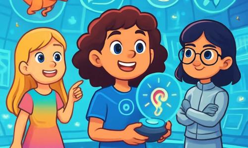 Há 3 personagens: - Clara: uma menina de 12 anos, com cabelos castanhos e cacheados, vestindo uma camiseta futurista azul e uma calça leve. Ela está no centro, com os olhos brilhando de excitação, segurando um pequeno dispositivo holográfico nas mãos. - Sofia: uma menina de 12 anos, com cabelos loiros e lisos, vestida com um vestido colorido que muda de tom. Ela está ligeiramente à esquerda de Clara, sorrindo e apontando para um holograma flutuante acima delas. - Luna: uma menina de 12 anos, com cabelos negros e óculos redondos, vestida com um conjunto tecnológico prateado. Ela está à direita de Clara, com os braços cruzados, observando atentamente a paisagem futurista ao seu redor. O cenário se passa no laboratório de realidade aumentada de Neolúmen, um espaço esférico com paredes translúcidas que brilham em cores vivas. Hologramas flutuantes de criaturas fantásticas e objetos tecnológicos dançam ao redor delas, enquanto telas interativas mostram mapas da cidade. O chão é de vidro transparente, revelando um jardim suspenso abaixo, cheio de flores luminosas. A situação principal da história mostra as três amigas criando juntas um Comunicador de Sensações, um dispositivo que traduz emoções em cores e sons. Elas estão imersas em seu projeto, cercadas por hologramas de ideias que flutuam ao seu redor, simbolizando sua criatividade e colaboração.
