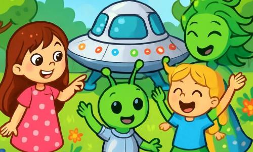 Ci sono 4 personaggi: Sofia, una bambina di 5 anni con lunghi capelli castani e occhi brillanti, indossa un vestito rosa a pois bianchi e sandali gialli, è a sinistra, sorridente e indica l'astronave. Giulia, una bambina di 5 anni con capelli biondi intrecciati e occhi blu, indossa una maglietta blu e una gonna verde, è a destra di Sofia con le braccia alzate per l'eccitazione. Zor, un extraterrestre verde, piccolo e rotondo, con grandi occhi neri e un sorriso amichevole, ha antenne sulla testa e indossa una tuta argentata, si trova al centro mentre saluta le ragazze. Lila, un'extraterrestre verde, leggermente più alta di Zor, con occhi a mandorla e capelli fluttuanti come alghe, indossa un vestito luminoso che brilla di colori diversi, è accanto a Zor ridendo con le ragazze. La scena si svolge in un giardino colorato, pieno di fiori vivaci e alberi verdi, con un prato ben curato. Al centro, una piccola navicella spaziale argentata brilla sotto il sole con luci lampeggianti e motivi futuristici. Sofia e Giulia giocano felicemente con Zor e Lila, ridendo insieme nel giardino, mentre l'astronave scintilla dietro di loro, creando un'atmosfera magica e amichevole.
