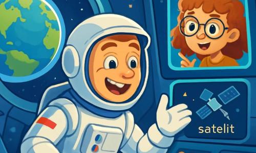 Un astronaut bărbat, Alex, plutește în costumul său spațial argintiu, cu un zâmbet mare și uimit pe față. Ochii săi strălucesc de excitație în timp ce observă Pământul, o sferă magnifică albastră și verde, prin hubloul navetei sale spațiale. Lângă el, pe un ecran flotant, se află Mara, o fetiță de 10 ani, cu părul creț și ochelari rotunzi, care privește cu curiozitate și entuziasm, punând întrebări despre spațiu. Scena se desfășoară în interiorul unei navete spațiale moderne, cu panouri de control luminoase și butoane colorate. Stele strălucitoare și planete îndepărtate sunt vizibile prin feronerie, creând o atmosferă magică și fascinantă. Situația principală arată cum Alex încearcă să rezolve o problemă cu un satelit care nu răspunde, în timp ce Mara îl încurajează și îi pune întrebări, adăugând o notă de aventură și camaraderie misiunii lor spațiale.