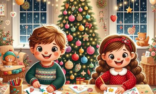 Un niño de 4 años, Lucas, con cabello rizado y castaño claro, ojos brillantes y una gran sonrisa, está sentado en una mesa de madera, rodeado de papeles de colores. Está recortando formas navideñas con tijeras, luciendo concentrado y entusiasta. A su lado, su mejor amiga Sofía, una niña de 4 años con largas trenzas castañas y un vestido rojo con lunares blancos, dibuja estrellas en una tarjeta, riendo alegremente. La escena transcurre en una cálida sala de un orfanato, decorada con guirnaldas luminosas y un gran árbol de Navidad en un rincón, lleno de bolas de colores y estrellas brillantes. En la mesa, hay lápices, pegatinas y tarjetas esparcidas, creando un ambiente festivo y creativo. La situación principal muestra a Lucas y Sofía, inmersos en su proyecto de hacer tarjetas de Navidad para alegrar a sus amigos del orfanato, ilustrando el espíritu de compartir y la felicidad de la temporada.