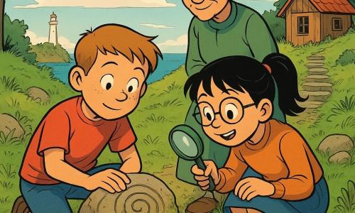 An 8-year-old boy with short light brown hair, a round freckled face and a curious, proud expression kneels before a flat stone carved with a spiral, his hand resting on a crack as if pressing to open a hidden compartment; beside him crouches an 8-year-old girl, Lina, with black hair in a ponytail, round glasses, an excited look and her hands on her knees while holding a small shiny magnifying glass; a kindly grandmother of about 60, hair gray in a bun, smiles from a short distance on the path near a small wooden house; the scene is on a grassy hilltop edged with pine, worn stone steps leading to a camouflaged opening, a view of the blue sea and a white lighthouse on the horizon, wild grasses and green moss around the stones; the moment the stone gently opens to a dark cavity containing a cloth-wrapped box, soft sunlight catching smooth colorful sea glass beside the box, creating a mysterious yet gentle atmosphere with warm colors and detailed textures of moss, stone, fabric and patinated metal.