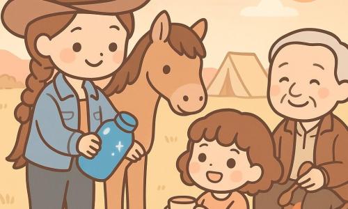 Emma, eine junge Cowgirl-Frau, lächelnd und erleichtert, Zopf, brauner Filzhut, Jeansjacke und Stiefel, hält eine glänzende Wasserkann e und reicht sie anderen; Blitz, ein kleiner, stämmiger, zuverlässiger Hengst mit hellbraunem Fell und sanftem Blick, steht neben ihr mit Schnauze nahe bei ihr; ein etwa 7-jähriges, ruhiges Mädchen mit kurzen lockigen Haaren und einfachem Kleid, vor Freude weit geöffnete Augen, hält in der linken Hand einen Becher; ein etwa 60-jähriger Mann mit runzligem Gesicht und warmem Lächeln in Lederjacke sitzt am Lagerfeuer und hält einen Löffel, im Hintergrund ein Kessel; Ort: Wiese mit goldenem Gras, staubiger Weg, beige Zelte und Holzkisten, Sonnenuntergangs-Himmel in Rosa-Orange; Szene: Emma gießt glitzerndes Wasser in den Becher des Mädchens am Lagerfeuer, sanfte, warme Atmosphäre, runde Formen, Pastellfarben und einfache Konturen.