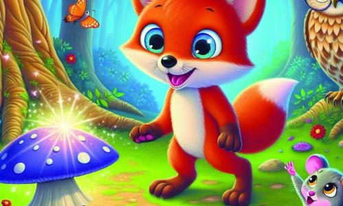 Ein kleiner Fuchs namens Felix mit leuchtend rotem Fell und neugierigen Augen steht im Mittelpunkt der Szene, mit aufgerichteten Ohren und einem breiten Lächeln im Gesicht, während er fasziniert einen großen leuchtend blauen Pilz betrachtet. Rechts von ihm springt eine kleine Maus namens Mimi mit grauem, weichem Fell und großen, glänzenden Augen vor Freude, während links von ihm eine weise Eule namens Luna mit braunen Federn und runden Brillen aufmerksam zusieht, mit einem ernsten, aber wohlwollenden Blick. Die Kulisse ist eine verzauberte Lichtung, umgeben von großen, knorrigen Bäumen, wo bunte Blumen unter der Sonne leuchten und ein sanfter Wind die Blätter tanzen lässt. Die Hauptsituation zeigt Felix und seine Freunde, die den magischen Pilz entdecken, der sie auf ein unglaubliches Abenteuer voller Geheimnisse und Lachen führen wird.