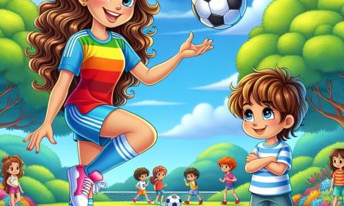 Valeria, una mujer de 28 años, está en el centro de la imagen, con cabello largo y rizado, vistiendo una camiseta de fútbol colorida y una gran sonrisa en su rostro. Está haciendo malabares con un balón de fútbol, mostrando su alegría y pasión por el juego. A su lado, Lucas, un niño de 10 años, con cabello castaño y ojos brillantes, mira a Valeria con admiración, sosteniendo un balón bajo su brazo. Lleva una camiseta a rayas y pantalones cortos, y parece listo para intentar un nuevo truco. Al fondo, un parque verde está lleno de árboles con hojas brillantes y flores coloridas. Niños juegan en la hierba, y el cielo es de un azul brillante, salpicado de algunas nubes blancas y esponjosas. La escena muestra a Valeria enseñando técnicas de fútbol a los niños, con risas y gritos de alegría que llenan el aire. Los niños se divierten juntos, creando una atmósfera de camaradería y felicidad.