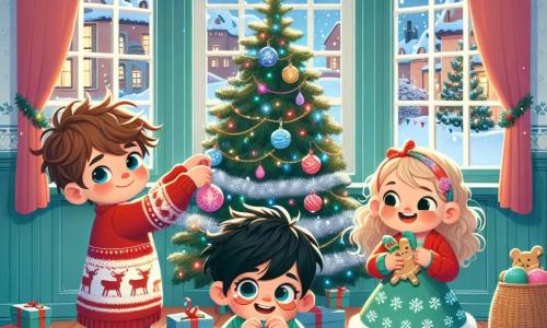 Un bambino di 4 anni, Leo, con capelli castani disordinati e occhi scintillanti di gioia, sta decorando un grande albero di Natale. Indossa un maglione rosso con un motivo di renna e pantaloni di jeans, sorridendo mentre tiene una pallina di Natale brillante nelle sue piccole mani. Accanto a lui, Sara, una bambina di 5 anni con capelli ricci e biondi, sta appendendo delle ghirlande scintillanti sui rami dell'albero. Indossa un vestito verde con motivi di fiocchi di neve e ride felicemente. Marco, un bambino di 6 anni con occhiali e capelli neri, è seduto per terra, circondato da biscotti di Natale che ha preparato, mentre li decora con glassa colorata. La scena si svolge all'interno di un orfanotrofio accogliente, con pareti dipinte di blu pastello e finestre ornate di tende rosse. Fiocchi di neve cadono dolcemente all'esterno, creando un'atmosfera magica. Leo, Sara e Marco lavorano insieme per preparare una festa di Natale gioiosa, piena di risate e creatività, mentre decorano l'albero e preparano sorprese per i loro amici.