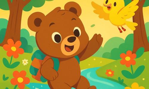 Un piccolo orso bruno con occhi scintillanti e un sorriso gioioso, che porta uno zainetto colorato, naviga su un ruscello luccicante, circondato da fiori vivaci. Accanto a lui, un uccello giallo con piume brillanti e uno sguardo curioso vola allegramente, indicando la strada con un'ala mentre canta felice. Il paesaggio è un magnifico bosco verdeggiante, baciato da una luce dorata, con alberi maestosi e fiori multicolori che danzano nel vento. La scena principale mostra il piccolo orso scivolare sull'acqua, ridendo e divertendosi, mentre l'uccello lo incoraggia a esplorare questo mondo incantevole.