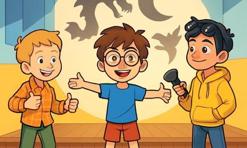 Hay 3 personajes: - Hugo: un niño de 10 años, con cabello castaño desordenado y gafas redondas. Lleva una camiseta azul y un pantalón corto rojo, y se encuentra en el centro, con los brazos abiertos y una gran sonrisa, mostrando su confianza. - Simón: un niño de 10 años, con cabello rubio y pecas. Lleva una camisa de cuadros y un pantalón verde. Está a la izquierda de Hugo, haciendo una pose cómica, con una gran sonrisa y el pulgar hacia arriba. - Mateo: un niño de 10 años, con cabello negro y gafas de sol en la cabeza. Lleva una sudadera amarilla y jeans. Está a la derecha de Hugo, sosteniendo una linterna y mirando con orgullo al público imaginario. El lugar donde se desarrolla la situación principal es un salón polivalente luminoso, con paredes pintadas de colores vivos como azul y amarillo. Cadenas de papel de colores cuelgan del techo, y hay filas de sillas dispuestas frente a un escenario de madera, donde sombras de figuras recortadas en cartón bailan en la pared. La situación principal de la historia muestra a los tres amigos en el escenario, presentando su espectáculo de teatro de sombras. Hugo, en el centro, está en plena acción, con sombras de dragones y lunas proyectadas detrás de él, mientras Simón y Mateo lo animan con entusiasmo, creando una atmósfera alegre y llena de camaradería.