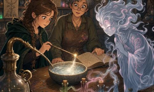 La hechicera principal, Naira, es una adolescente de cabello castaño claro en trenza desordenada, con capa de terciopelo verde oscuro y mirada determinada y empática; sostiene una pequeña varita de avellano apuntando hacia un cuenco de piedra; la maestra Arelia, mujer de unos 40 años de cabello gris corto y gafas redondas, con vestido color tierra manchado de tinta, está erguida detrás de la mesa, calmada y protectora con una mano sobre un libro antiguo abierto; la hiladora de brumas es una criatura de vapor plateado con reflejos rosados, figura alargada y rostro en remolinos, que se inclina con curiosidad temerosa hacia el cuenco; el taller es antiguo, con estanterías de madera llenas de frascos luminosos, una mesa de roble manchada, un alambique de vidrio y suelo de mosaico; la escena muestra un ritual sereno: Naira concentra un resplandor dorado en la punta de su varita sobre un pequeño cuenco de agua que canta, la bruma se calma entrelazándose con tres frascos luminosos en la mesa, luz cálida de lámpara y expresiones de sorpresa y ternura.