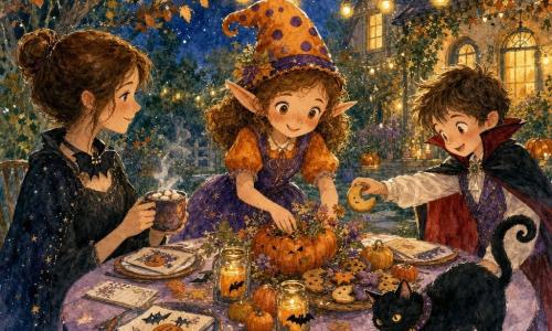 Personaje principal: una pequeña duende llamada Luna, rostro redondo con pecas, orejas puntiagudas, ojos ámbar brillantes y sonrisa cálida, con sombrero de lunares y vestido naranja y violeta, colocando con gestos suaves una mesa decorada; personaje secundario 1: Martina, mujer adulta tímida, cabello castaño recogido, mirada serena y manos sujetando una taza de chocolate humeante, sentada a la izquierda con una pajarita negra en forma de murciélago; personaje secundario 2: un chico con capa de vampiro, pelo alborotado y expresión curiosa y alegre, extendiendo la mano para tomar una galleta en forma de luna, de pie a la derecha; accesorio vivo: un gato negro con collar y cascabel, pelaje lustroso, encaramado en la esquina de la mesa y desordenando ligeramente el mantel, cola enroscada y mirada traviesa; lugar: jardín nocturno iluminado por guirnaldas de bombillas cálidas y velas aromáticas de manzana, árboles con hojas naranja y marrón, casa al fondo con ventanas iluminadas y cielo estrellado con luna redonda; situación: mesa de Halloween acogedora y colorida con platos y servilletas ilustradas, notas manuscritas, pequeñas decoraciones de calabazas y murciélagos, ambiente cordial, sonrisas compartidas y luz suave con sombras danzantes proyectadas por las velas.