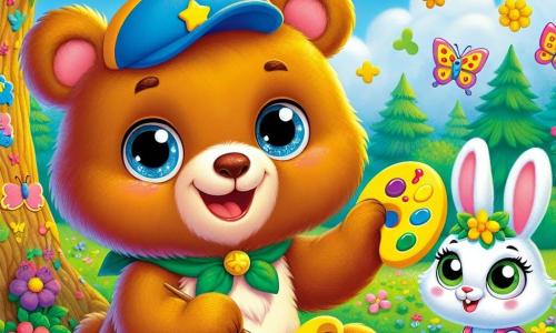 Un pequeño oso marrón, llamado Bear, con grandes ojos brillantes y una sonrisa alegre, está pintando una piedra de color amarillo brillante bajo un gran árbol con hojas verdes. Bear lleva una pequeña gorra azul con una estrella amarilla, y su pelaje es suave y sedoso. Junto a él, una pequeña coneja blanca llamada Lila, con largas orejas, mira a Bear con admiración, sus ojos brillando de emoción. Ella lleva un vestido rosa y sostiene un pincel en sus patas, lista para pintar su propia piedra. Al fondo, el claro del bosque está lleno de flores coloridas, mariposas volando y otros animales del campamento, como un castor y una pequeña zorra, que juegan. El cielo es de un azul brillante, salpicado de nubes blancas. La escena muestra a Bear y Lila, rodeados de sus amigos, compartiendo un momento alegre y creativo, lleno de risas y colores, ilustrando el espíritu de las vacaciones de verano y la amistad.