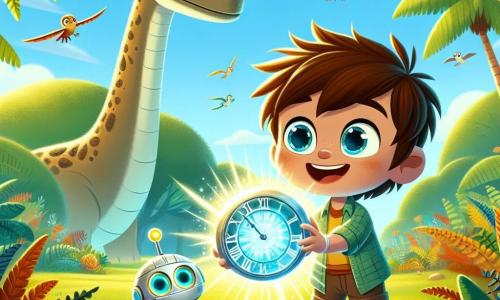 Lucas, un niño de tres años con cabello castaño desordenado y ojos brillantes de curiosidad, está en el centro de la imagen, sosteniendo un hermoso y brillante reloj mágico en sus pequeñas manos. A su derecha, Tico, el pequeño personaje del tiempo, es un robot simpático con un cuerpo plateado y ojos luminosos, flotando ligeramente sobre el suelo, sonriendo y señalando al cielo. El fondo es un mundo prehistórico vibrante, lleno de grandes helechos verdes y árboles gigantes con troncos gruesos, bajo un cielo azul brillante. A lo lejos, un majestuoso braquiosaurio se alza, alcanzando las copas de los árboles, mientras aves coloridas vuelan a su alrededor. La escena muestra a Lucas y Tico observando al braquiosaurio con asombro, mientras el sol brilla sobre ellos, creando una atmósfera mágica y alegre, simbolizando su aventura de viaje en el tiempo.