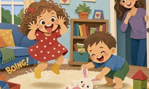 A joyful 2-year-old girl with curly light-brown hair in a short red polka-dot dress and yellow socks jumps 