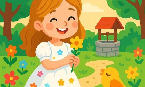 Eine Prinzessin namens Lina, etwa 8 Jahre alt, steht fröhlich in einem strahlenden Garten. Sie trägt ein leichtes, schneeweißes Kleid, das mit kleinen bunten Blumen verziert ist. Ihr Gesicht strahlt vor Glück, mit funkelnden Augen und einem breiten Lächeln. Sie hält vorsichtig eine kleine glänzende Blume in ihren Händen. Neben ihr sitzt ein kleiner Vogel mit goldenen Federn, der neugierig auf einem Stein sitzt. Er wirkt müde, aber glücklich, bereit, eine süße Melodie zu singen. Der Garten ist ein bezaubernder Ort, voller bunter Blumen, großer Bäume mit grünen Blättern und einem sanften Kiesweg. Im Hintergrund funkelt ein schöner Steinbrunnen in der untergehenden Sonne und verleiht der Szene einen magischen Touch. Lina beugt sich zu der Blume, die sie gefunden hat, begeistert von ihrer Schönheit, während der Vogel sie interessiert beobachtet. Es ist ein Moment der Zärtlichkeit und Entdeckung, in dem Freude und Freundschaft in dieser märchenhaften Kulisse verschmelzen.