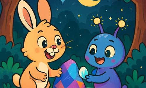 Um pequeno coelho chamado Lino, com grandes orelhas brancas e pelagem macia, está em pé sobre as patas traseiras, com os olhos arregalados de curiosidade e um sorriso maravilhado no rosto. Ele observa uma criatura extraterrestre chamada Ziru, que é pequena, com pele brilhante em azul e roxo, antenas cintilantes e olhos redondos e brilhantes, sorrindo alegremente enquanto segura uma pedra luminosa em suas pequenas patas. A cena acontece em uma clareira encantada da floresta, cercada por árvores de troncos retorcidos e folhas brilhantes sob a luz da lua, com flores coloridas que brilham na escuridão. No centro, uma grande pedra meteórica, cintilante de cores vivas, emite um suave brilho, criando uma atmosfera mágica. Lino e Ziru trocam pedras luminosas, símbolos de sua amizade crescente, enquanto estrelas brilhantes iluminam o céu noturno, adicionando um toque de mistério e sonho a este encontro extraordinário.
