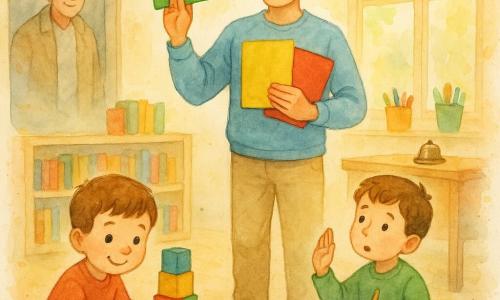 A thirtyish male teacher with a gentle smile and light chestnut slightly curly hair, wearing a light blue sweater and beige pants, holds three large colored cards (green, yellow, red) in front of the class, benevolent calm expression, hand raised showing the green card. A boy named Milo, about 5 with short brown hair, plays with colorful blocks in the foreground left, wide-eyed with a shy smile building a tower near a low shelf. Another boy, about 5, sits on a round rug to Milo’s right, looking at the teacher with a pencil, concentrated curious expression and a half-raised hand. An adult father stands in the doorway at the back, reassuring silhouette in a light coat, half out of frame with a proud gentle look. The bright classroom has large windows with golden light, low shelves of colorful books, bright cups of pencils, soft checkered rugs and a small metal bell on a wooden desk. Scene: the teacher shows color cards to explain rules (green = try, yellow = slow down, red = pause); the children are calm and attentive in a warm, safe atmosphere with saturated pastels, visible watercolor textures and soft splatter around the edges.