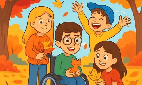 Há 4 crianças: - Lucas: um menino de 10 anos, com cabelos castanhos e óculos. Ele está sentado em uma cadeira de rodas, sorrindo, segurando uma pequena raposa de madeira nas mãos. - Maria: uma menina de 9 anos, com cabelos longos e loiros, vestindo um suéter laranja. Ela está de pé ao lado de Lucas, segurando um buquê de folhas coloridas. - Tiago: um menino de 10 anos, com cabelos castanhos e um boné azul. Ele está jogando folhas para o alto, rindo alegremente. - Sofia: uma menina de 9 anos, com cabelos castanhos e um vestido vermelho. Ela está agachada perto de Lucas, mostrando uma bela folha dourada que acabou de encontrar. O local é um parque no outono, com árvores majestosas com folhas vibrantes de vermelho, laranja e amarelo. O chão está coberto de um tapete de folhas crocantes e douradas, e um céu azul claro se estende acima deles, salpicado de nuvens brancas e fofas. A cena principal mostra as crianças se divertindo juntas, cercadas por folhas que voam ao redor, celebrando a beleza do outono com risadas e sorrisos, criando memórias inesquecíveis.