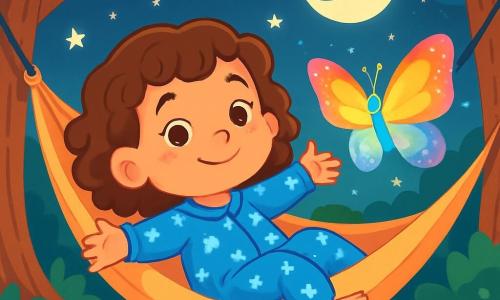 Uma menina de 6 anos, Clara, com cabelos castanhos cacheados e olhos brilhantes, está deitada em um rede de tecido macio, com um sorriso sereno no rosto. Ela usa um pijama azul com estrelas brancas, e seus braços estão abertos, como se estivesse acolhendo o mundo. Ao seu lado, uma borboleta luminosa, com asas cintilantes de cores arco-íris, voa suavemente ao seu redor, iluminando a noite com sua suave luz. O local é um jardim tranquilo, banhado pela luz da lua, com flores coloridas e árvores majestosas que dançam suavemente ao vento. O céu está salpicado de estrelas brilhantes, criando uma atmosfera mágica e tranquilizadora. A cena principal mostra Clara balançando na rede, cercada pela luz da borboleta, pronta para adormecer, enquanto o vento murmura uma doce melodia, convidando à sonhar e à serenidade.