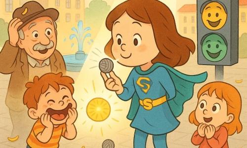Super-Lia, o eroină femeie veselă cu față rotundă și zâmbitoare, ochi strălucitori, pelerină turcoaz zburătoare și adidași galbeni, suflă blând asupra unui ghem mic gri pe care îl ține între două degete; la stânga, un nene cu pălărie, bărbat în vârstă de circa 70 de ani, mustață gri și pălărie maro cu o confetti-banană lipită, pare surprins și amuzat cu o mână la cap; în față un băiețel de circa 6 ani râde făcând o grimă, mâinile pe obraji, picioarele în cercul de cretă alb; la dreapta o fetiță de circa 5 ani cu ochii mari și mâinile împreunate privește ghemul cum se transformă; în fundal un semafor antropomorf, un stâlp metalic mare cu trei fețe colorate (roșu trist, galben confuz, verde zâmbitor), care eliberează un ghem gri ce se rostogolește spre Super-Lia; piața e o piață urbană pavată cu o fântână rotundă albastră în centru și clădiri colorate, confetti în formă de banană galbenă împrăștiate; situația principală: Super-Lia transformă ghemul gri al fricii într-un ghem galben al râsului sub un fascicul de lumină blând, mulțimea — copii și nene — izbucnind în râs, iar semaforul trece de la roșu trist la verde zâmbitor.