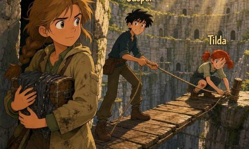 12-year-old Mina: determined face, bright eyes, messy light-brown braid, dusty khaki jacket, holding a small wooden chest wrapped in oiled cloth at the threshold of a stone door carved with a hook; Jasper, about 12: tall, thin, tousled black hair, smiling and focused, holds a rope behind her from the same rocky ledge; Tilda, about 10: small, pale with a scraped knee, red pigtails, crouched tying the final knot on the rope across a worn wooden suspension bridge spanning a deep quarry amphitheater of gray stone and green moss, golden sunrays and reflecting puddles— they have just opened the small carved door, a cautious triumphant scene with dust motes lit, joyful tension and palpable curiosity.