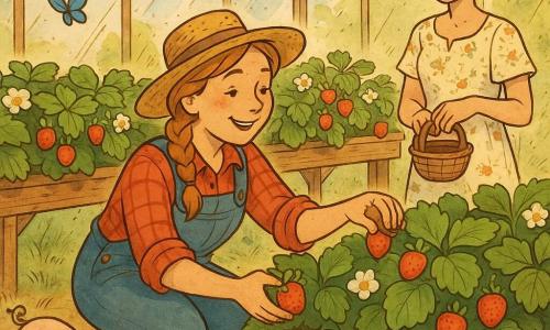Peasant woman Lily, cheerful and gentle with a round freckled face and light brown hair in a braid wearing a straw hat, red-and-blue plaid shirt, denim overalls and rubber boots, kneels to pick shiny red strawberries in a glass greenhouse; neighbor Sarah, about 30, smiling with short brown hair in a light floral dress, holds a small basket on the wooden terrace beside Lily, watching happily; small chubby piglet Pippin, pale pink with a brown spot, trots near the greenhouse entrance sniffing the muddy ground; the bright greenhouse has slightly fogged glass walls, warm sunlight, wooden tables of green pots, broad shiny strawberry leaves, white flowers and clusters of red strawberries; main scene: Lily reaches for a ripe strawberry with a focused serene expression, a vivid blue butterfly flies above the plants, creating a gentle colorful countryside atmosphere.