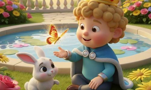 A six-year-old little prince with a round face, curly blond hair, a shiny golden crown and a sky-blue cloak with silver trim smiles and reaches toward a vivid golden butterfly with red wing patterns and slight motion blur; a small fluffy white rabbit with shiny black eyes sits beside him, nose twitching, paw on the grass; they sit by a clear round pond reflecting the sky with pink water lilies in a castle garden of colorful flowers, trimmed shrubs and a soft stone path leading to a pale balustrade, in warm late-afternoon golden light with soft shadows, centered close composition, smooth textures, vivid colors and clean cel-shaded outlines.
