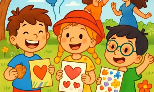 There are 3 characters: - Ben: A 7-year-old boy with messy brown hair, wearing a blue t-shirt and red shorts. He is smiling widely, holding a heart-shaped cookie in one hand and a colorful card in the other. - Mia: A 6-year-old girl with braided blonde hair, wearing a red hat and a floral dress. She is holding a card decorated with hearts and glitter, with a big smile on her face. - Sam: A 7-year-old boy with black hair and round glasses, dressed in a green t-shirt and striped shorts. He is proudly showing off his sticker-filled card, looking joyful. The three friends are standing in a sunny park, surrounded by colorful flowers and floating balloons. Decorated tables with garlands and cakes are visible in the background, and mothers are laughing and dancing around them. The main scene shows the children presenting their handmade gifts to their mothers, with expressions of joy and love on their faces. The bright colors and festive details create a warm and joyful atmosphere, perfect for celebrating Mother's Day.
