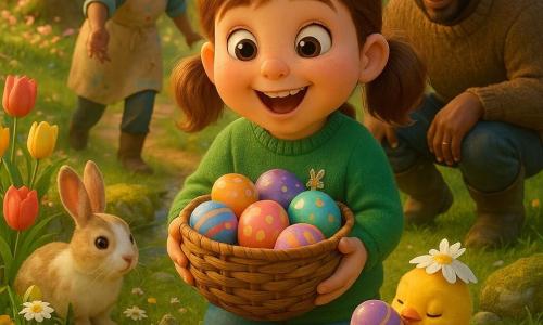 A joyful Easter egg hunt in a sunlit spring meadow: a 6-year-old girl with a round freckled face, chestnut pigtails, an amazed smile and bright eyes wears a green sweater embroidered with a small rabbit and holds a wicker basket of painted eggs; a small bright-yellow chick named Pip, with a daisy-petal hat, walks beside her carrying an egg on its back; a speckled flour-colored rabbit with soft ears and a pink nose peers from behind tulips with a white feather nearby; a smiling mother (30–35) with hair tied up and a paint-stained apron reaches toward the girl from a flower-lined path, while a crouched father (35–40) in a wool sweater and muddy boots looks protectively toward her near a ring of stones; the scene is set in golden light on green grass dotted with tulips and daisies, a sparkling stream with mossy stones and a large oak with exposed roots; some eggs glow faintly and a small notebook is tucked in a leaf nest; bright colors, soft textures, composition centered on the girl and Pip at child-height perspective.