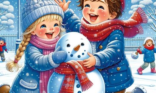 Een 3-jarig jongetje, Luca, met rommelig bruin haar en roze wangen, glimlacht vrolijk terwijl hij een sneeuwman bouwt. Hij draagt een grote rode sjaal en een mooie blauwe jas, zijn ogen stralen van opwinding. Naast hem helpt zijn beste vriendin, een 4-jarig meisje genaamd Sam, met gevlochten blond haar en een roze muts, hem een sneeuwbal te rollen. Ze lacht en steekt haar armen in de lucht, klaar om het hoofd aan de sneeuwman toe te voegen. De achtergrond is een winter schoolplein, met bomen bedekt met glinsterende sneeuw en een heldere blauwe lucht. Sneeuwvlokken vallen zachtjes om hen heen, wat een magische sfeer creëert. De hoofdscène toont Luca en Sam die samen werken om een sneeuwman te maken, omringd door gelach en vreugde, terwijl andere kinderen op de achtergrond spelen.