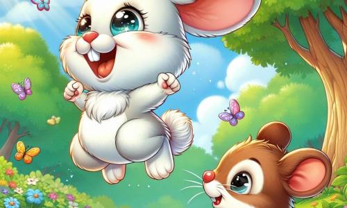 Un pequeño conejo de grandes orejas y pelaje suave y blanco, con ojos brillantes de determinación, salta alegremente en el aire, con una gran sonrisa en su rostro. Se muestra orgulloso y confiado, listo para alcanzar nuevas alturas. Cerca, un pequeño ratón de pelaje marrón, con ojos vivos y una sonrisa alentadora, lo observa con admiración, aplaudiendo para expresar su apoyo y alegría por su amigo. La escena tiene lugar en un claro soleado del bosque, rodeado de flores coloridas y grandes árboles con hojas verdes brillantes. El suelo está cubierto de suave hierba verde, y algunos mariposas bailan a su alrededor, añadiendo un toque de magia al entorno. La situación principal muestra al pequeño conejo en pleno salto, desafiando la gravedad, mientras sus amigos lo animan con entusiasmo, celebrando su confianza y coraje para probar cosas nuevas.