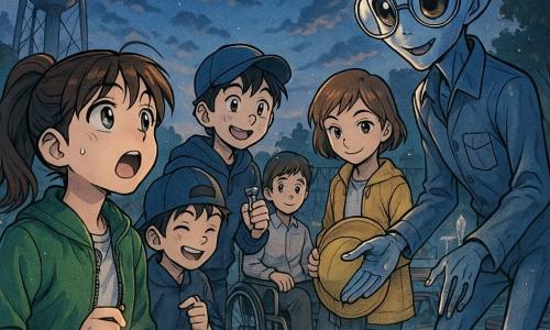 Há cinco personagens: quatro crianças de 12 anos — Inês, cabelos castanhos em rabo de cavalo, jaqueta verde, segurando um caderno aberto e um pequeno medalhão transparente; Tomás, com boné azul e sorriso malicioso, segurando um frasco; Diogo, em cadeira de rodas manual, camisa clara, calmo; Sara, cabelo curto castanho, casaco amarelo, segurando um grande chapéu amarelo — e um extraterrestre, o Doutor Lúmen, alto e magro, pele iridescente azul‑cinza, grandes olhos atrás de óculos redondos, agachado ao lado de uma pequena nave oval prateada. Cena numa pequena praça de vila ao crepúsculo, chão de paralelepípedos molhados refletindo luzes, torre de água ao fundo à esquerda, bancos e fonte à direita, ervas altas com flores amarelas, céu nublado abrindo num corredor azul. A pequena nave prateada começa a elevar‑se suavemente, com finos brilhos prismáticos na carcaça e leve vapor ao redor; as crianças rodeiam a nave entre espanto e ternura, o Doutor Lúmen sorri; atmosfera úmida pós‑chuva com gotas nos tecidos e reflexos dourados do crepúsculo nas superfícies metálicas.
