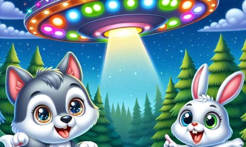 Lupo, un pequeño lobo de pelaje gris y ojos brillantes, se encuentra en el centro de la imagen, maravillado, con una gran expresión de alegría en su rostro. Mira con fascinación un platillo volador brillante, de colores vivos, que flota sobre él. A su derecha, Rino, un pequeño conejo de grandes orejas y pelaje blanco, salta de alegría, con los ojos muy abiertos, mientras señala hacia el cielo. Al fondo, el platillo volador brilla con luces multicolores, mientras que estrellas brillan en un cielo nocturno estrellado. El lugar es un claro verde, rodeado de majestuosos árboles, donde la hierba está salpicada de flores coloridas. La situación principal muestra a Lupo y Rino descubriendo juntos el misterioso platillo volador, llenos de emoción y curiosidad, listos para vivir una aventura increíble.