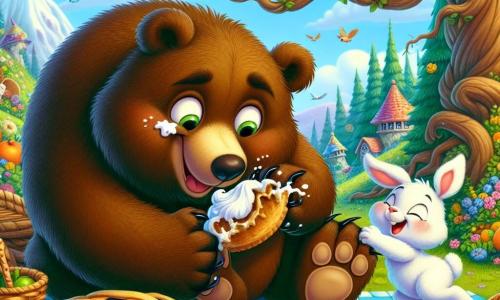 Un grande orso bruno, di nome Bruno, con un pelo morbido e occhi brillanti di curiosità, è seduto su un tappeto da picnic colorato, circondato da deliziose torte e frutta. Ha un'espressione gioiosa e un po' sorpresa, con della panna sul muso, mentre cerca di afferrare una torta che rotola lontano da lui. Accanto a lui, una piccola coniglietta bianca di nome Lella, con grandi orecchie e un sorriso malizioso, osserva la scena ridendo, seduta sull'erba verde, con le zampe incrociate. La foresta incantata li circonda, con alberi dai tronchi nodosi e foglie brillanti, mentre fiori colorati punteggiano il terreno. In lontananza, uccelli dalle piume sgargianti volano nel cielo blu, aggiungendo un tocco di magia all'atmosfera gioiosa. La scena principale mostra Bruno in uno sforzo comico per catturare la torta sfuggente, creando un'atmosfera di leggerezza e umorismo.