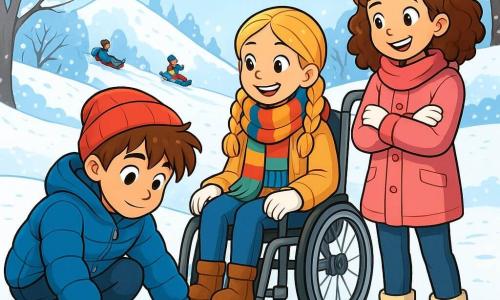 Er zijn 3 personages: - Sam: een 10-jarig jongen met rommelig bruin haar, gekleed in een grote blauwe winterjas en een rode muts. Hij zit in een hurkpositie en bekijkt een grote glanzende ijsplaat op de grond. - Noor: een 9-jarig meisje met gevlochten blond haar, zittend in haar mooie rolstoel, ingepakt in een kleurrijke sjaal. Ze glimlacht blij terwijl ze naar Sam kijkt. - Lotte: een 10-jarig meisje met krullend kastanjebruin haar, gekleed in een roze jas en witte handschoenen. Ze staat naast Noor met haar armen gekruist, klaar om van de sneeuw te glijden. De locatie is een klein winterpark, waar een grote heuvel bedekt met glinsterende sneeuw op de achtergrond staat. Blote bomen omringen het veld, met takken versierd met sneeuwvlokken. Een klein bevroren wateroppervlak glinstert in de zon, en kinderen lachen in de verte terwijl ze met sleetjes glijden. De belangrijkste situatie toont Sam die de stevigheid van het ijs test, terwijl Noor hem aanmoedigt met een glimlach en Lotte zich voorbereidt om zich bij hen te voegen voor een ritje met de slee. De sfeer is vrolijk, vol opwinding en kameraadschap, met sneeuwvlokken die zachtjes om hen heen vallen.