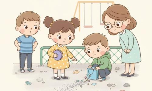 Mina, a 6-year-old girl, surprised and sweet with a serious but smiling face, brown pigtails, wearing a yellow dress with white polka dots, holds a small purple notebook and points to a trail of silver glitter on the ground; Jasper, a ~6-year-old boy, ashamed but kind, in a green hoodie, crouches beside her holding an open blue gift bag with star stickers peeking out; Ben, a 5–7-year-old boy, surprised and curious in a blue striped T-shirt, stands slightly back left with hands on his hips watching the scene; Ms. Lark, a gentle calm teacher in a pastel dress with round glasses, stands right, leaning toward the children with a reassuring smile; the setting is the schoolyard at dusk with light concrete, a low green metal fence, scattered pebbles, leaves, glitter and small blue paper bits, blurred swings in the background; the main moment is a kind confrontation as they discover the lost stickers, soft pastel colors and a clear, child-friendly composition.