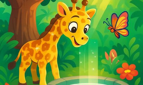 Eine junge Giraffe mit goldenem Fell, großen neugierigen Augen und einem staunenden Lächeln steht in der Nähe eines funkelnden Lichtschachts am Fuß eines alten Baobabs. Sie streckt ihren langen Hals aus, um ihr eigenes Spiegelbild im Wasser zu betrachten, ihre braunen Flecken glänzen wie Sterne. Ein kleiner Schmetterling mit bunten Flügeln, voller Freude, fliegt um sie herum und lädt sie ein, das Geheimnis des Dschungels zu entdecken. Der Ort ist ein üppiger Dschungel mit riesigen Bäumen mit smaragdgrünen Blättern, leuchtenden bunten Blumen und Sonnenstrahlen, die durch das Blätterdach filtern und eine magische Atmosphäre schaffen. Die Giraffe, neugierig und fröhlich, entdeckt einen geheimnisvollen Lichtschacht, der ihr zuzuflüstern scheint.