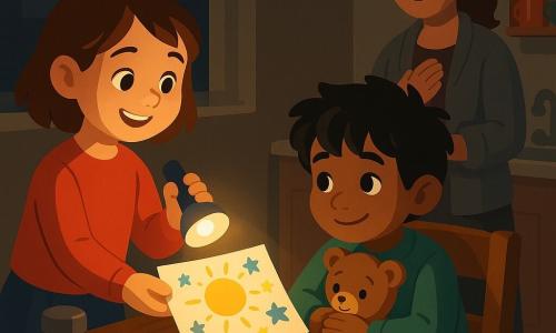 Ein achtjähriges Mädchen, Lena, fröhlich und mutig, kurze braune Haare, rotes Langarmshirt und blauer Rock, hält eine kleine LED-Lampe, die warmes gelbes Licht ins Gesicht wirft, und reicht ein buntes „Mutbrief“-Papier mit Sonne- und Sternmotiven; ein achtjähriger Junge, Amir, schüchtern aber erleichtert, zerzauste schwarze Haare, abgenutzter grüner Pulli, sitzt am Holztisch, hält einen kleinen Teddy und schaut bewundernd zur Lampe; eine etwa 35-jährige Frau (Amirs Mutter), müde aber dankbar, kastanienbraune zusammengebundene Haare, grauer Cardigan, steht am Spülbecken mit der Hand auf der Brust und beobachtet die Szene; die kleine, schlichte Küche mit gewachstem Holztisch, ein paar Tellern, dunklen Fenstern, Zeitungen als Platzsets, Thermoskanne, Teller mit Keksen und einem alten Regal mit bunten Tassen zeigt starken Kontrast zwischen kalten Schatten und dem warmen Lampenschein; die zentrale, leuchtende Lampe erzeugt weiche Schatten und eine intime, tröstliche Atmosphäre in klaren, farbenfrohen, kindgerecht-runden Formen für ein fröhlich-warmes Kinderbuch.