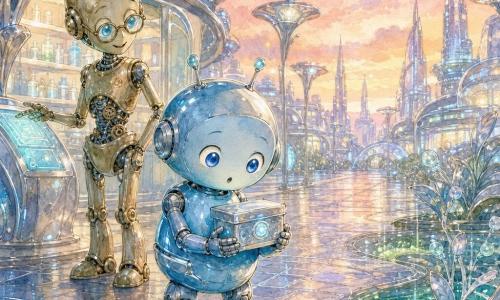 Un pequeño robot redondo y amistoso (protagonista), cuerpo de metal pulido azul cielo con antenas cortas y ojos LED redondos; expresión maravillada y curiosa, sostiene con cuidado una pequeña caja metálica brillante entre sus manos articuladas y mira al suelo. Un antiguo robot sabio (secundario), esbelta silueta de latón patinado con engranajes visibles y gafas redondas, sonrisa benigna, de pie ligeramente atrás a la izquierda apoyando una mano en una consola luminosa como explicando algo. Humedales filtrantes (elemento vivo secundario) en primer plano a la derecha: pequeñas vasijas de agua verde jade fosforescente bordeadas de plantas metálicas plateadas con burbujas luminosas. Lugar: una amplia calle de ciudad futurista pavimentada con losas holográficas, edificios de vidrio y cromo que ondulan, farolas orgánicas en forma de flores metálicas y cielo crepuscular con nubes rosas y reflejos dorados. Situación: el robot explorador sale de la farmacia con medicamentos y observa asombrado mientras el robot antiguo le explica el “corazón” de la ciudad; escena tranquila, luminosa y llena de detalles tecnológicos reconfortantes.