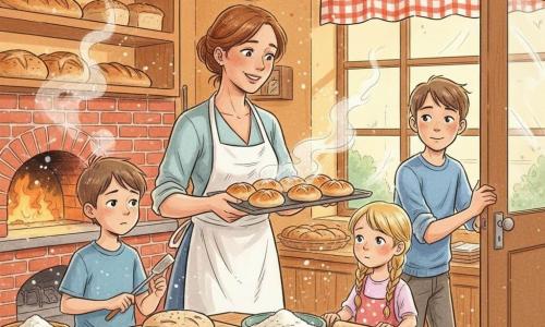 Dertiger vrouwelijke bakker met warm lachend gezicht en opgestoken kastanjebruin haar, licht bebloemd wit schort, houdt een bak met goudbruine broodjes en kijkt vriendelijk naar drie kinderen: Finn (±9) met kort bruin haar en verlegen geconcentreerde blik houdt een spatel bij het werkblad; Noor (±8) met blond gevlochten haar en nieuwsgierige blik heeft een deegroller naast een kom bloem; Bram (±10), lang en stevig, helpt een klepdeur te sluiten. De bakkerij is warm met oker muren, houten planken, ruitjesgordijn, licht rokende rode bakoven, houten tafel met bloemzakken en kommen en een ronde klok; zonlicht en bloemdeeltjes zwevend in de lucht creëren een gezellige, samenwerkende sfeer na het bakken.